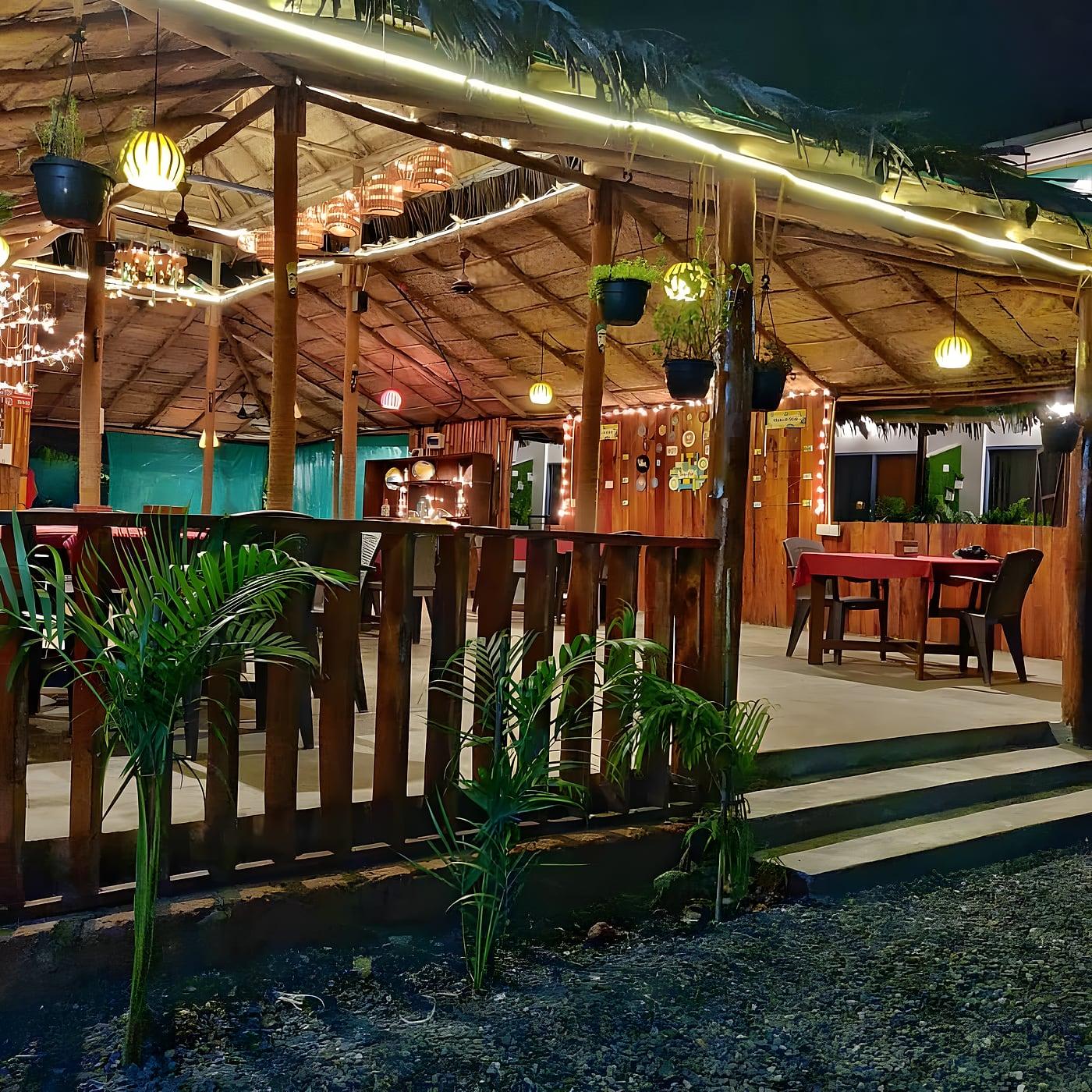 The café lit up in the evening